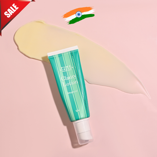 Green tube of Clarity Lotion on a pink background with a sale banner and Indian flag. Clarity Lotion by Pure Bubbles – lightweight moisturizer for oily skin