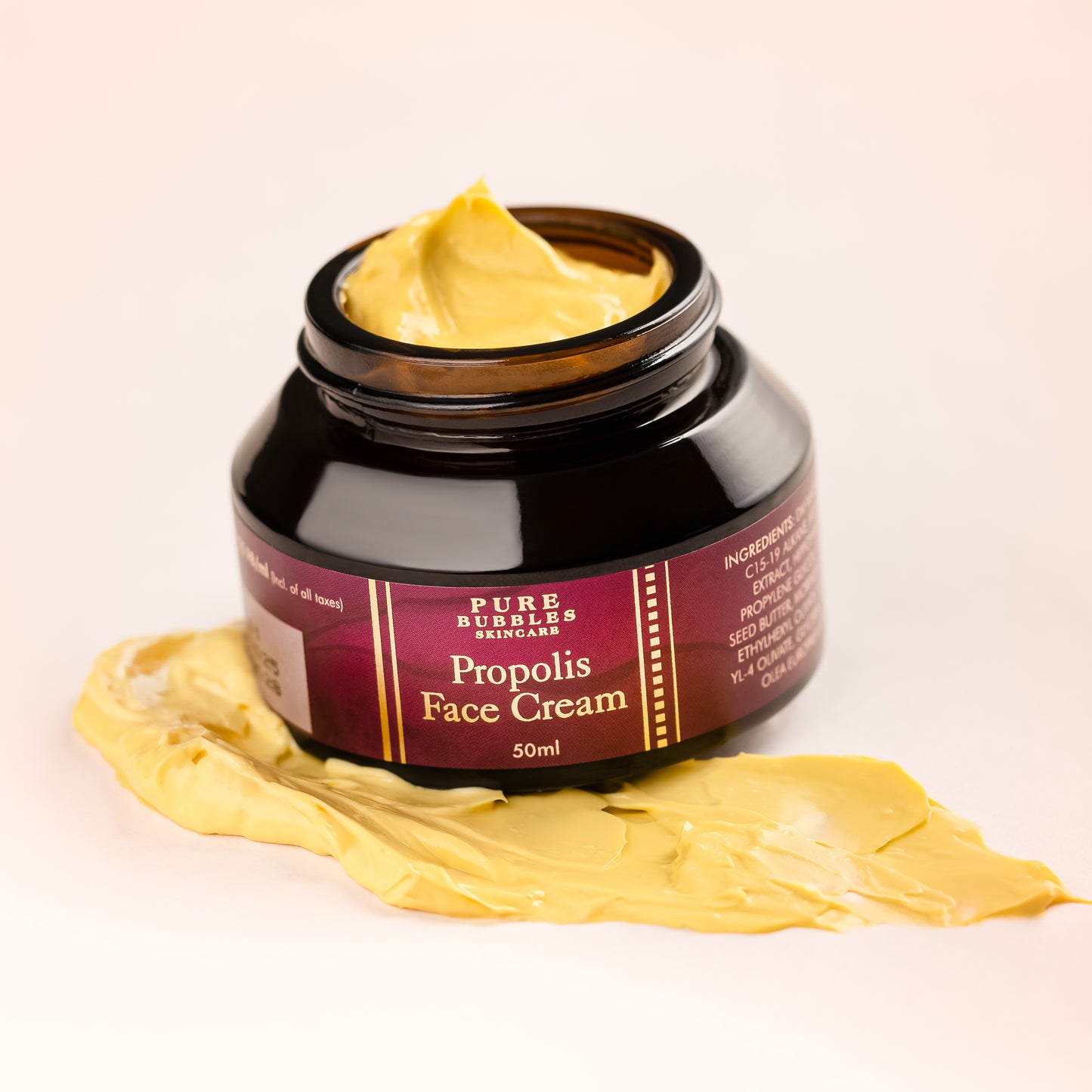 Propolis face cream in amber jar with rich yellow texture, 50ml skincare for sensitive skin
