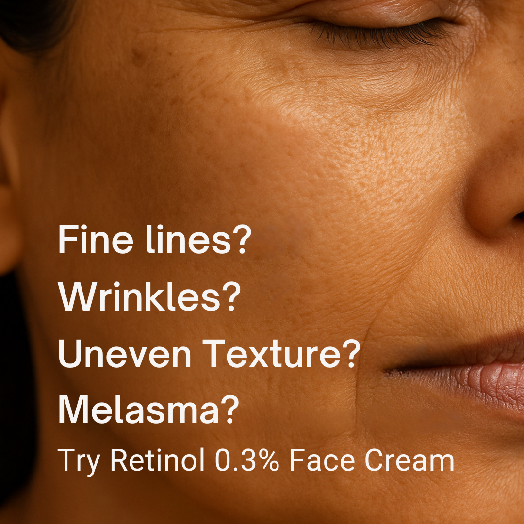 Indian woman with fine lines, wrinkles, and uneven skin texture applying retinol 0.3% face cream for anti-aging, pigmentation, and smoother skin results – Pure Bubbles Skincare