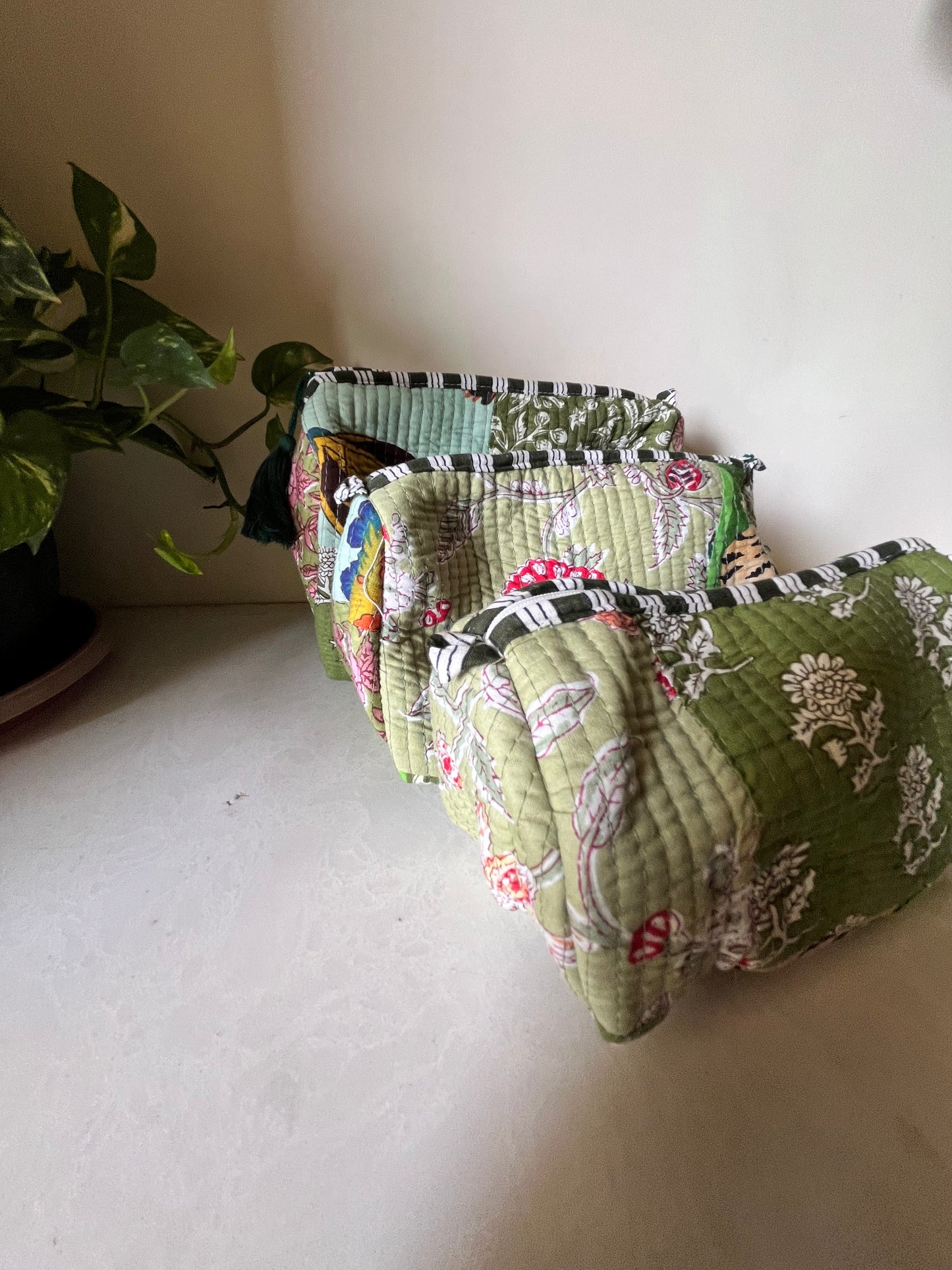 Hand Block Printed Cotton Quilted  Patch work Cosmetic Bag/ Travel Bag(Set of 3 ) | Mixed Green