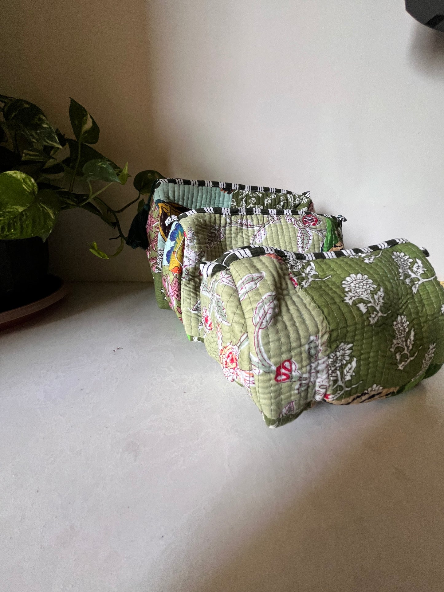 Hand Block Printed Cotton Quilted  Patch work Cosmetic Bag/ Travel Bag(Set of 3 ) | Mixed Green