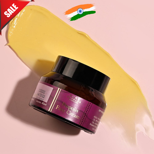 Jar of face cream with a purple label on a pink background, featuring a sale banner and Indian flag. Propolis face cream for men and women anti ageing and pigmentation
