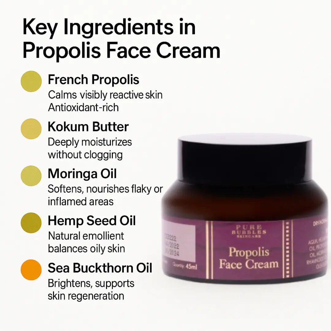 Propolis Face Cream with French propolis, kokum butter, moringa oil, hemp seed oil, sea buckthorn, and olive leaf extract for barrier repair, hydration, and sensitive Indian skin