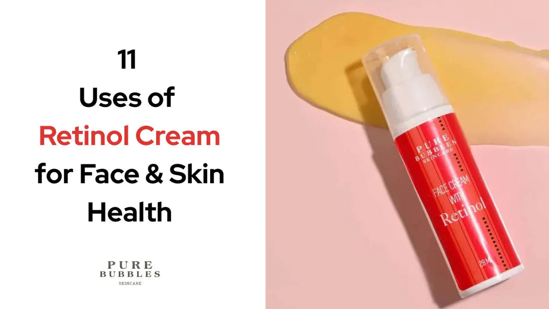 Retinol face cream for skin health, anti-aging & acne care, with pump bottle on pink background