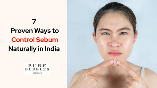 Woman pointing to chin acne, showcasing natural sebum control skincare solutions