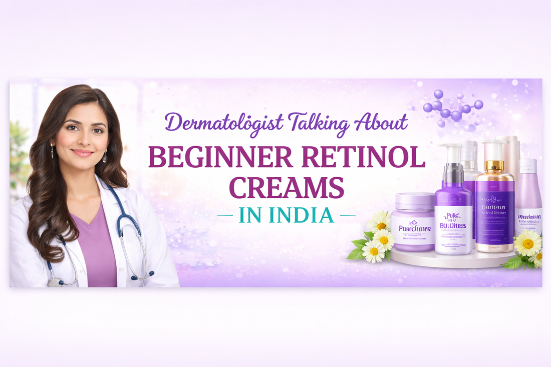 Dermatologist discussing beginner retinol creams in India with skincare products and chamomile flowers