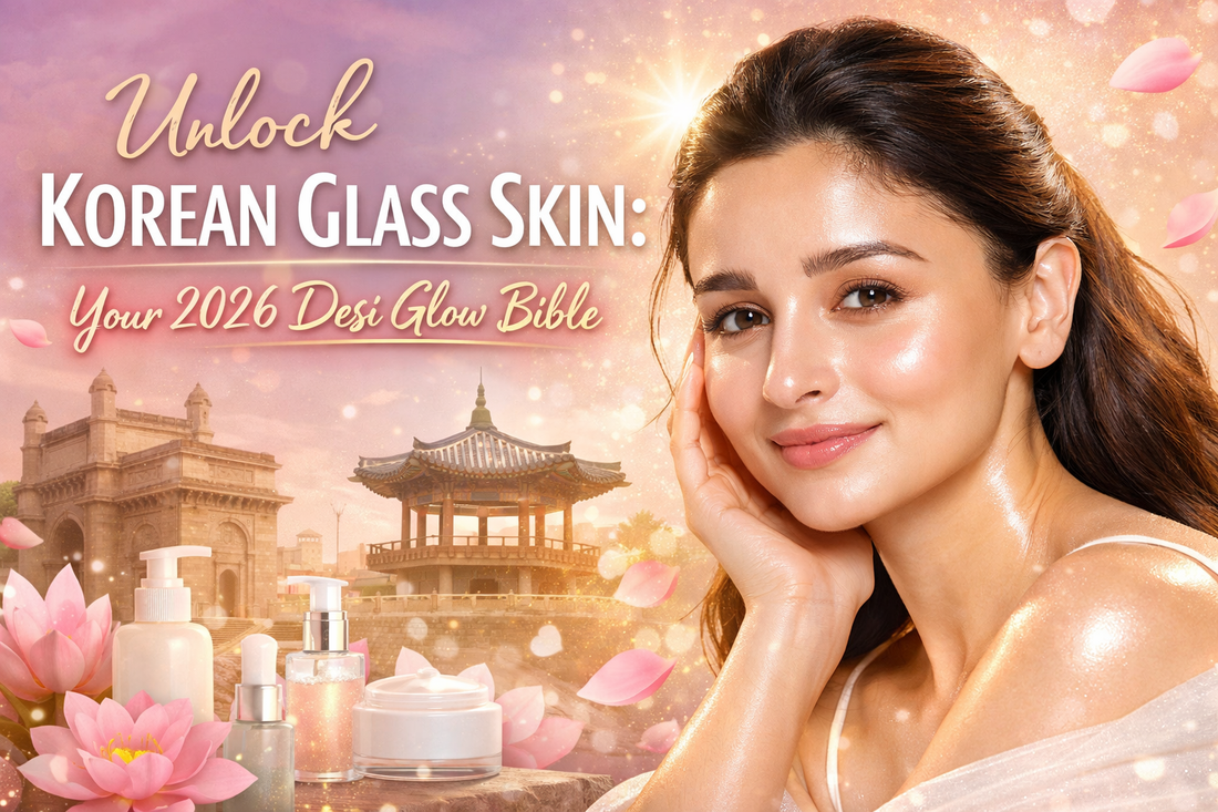 Glowing skin with Korean glass skin routine, featuring skincare products and lotus flowers