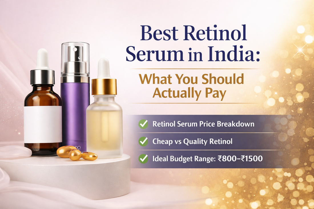 Retinol serum bottles and capsules on display with price guide for best retinol in India