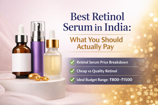 Retinol serum bottles and capsules on display with price guide for best retinol in India