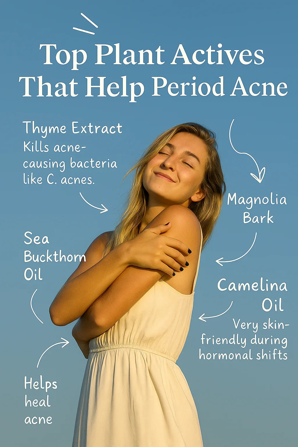 Plant-based actives for period acne: thyme, magnolia, sea buckthorn, and camellina oils help soothe skin