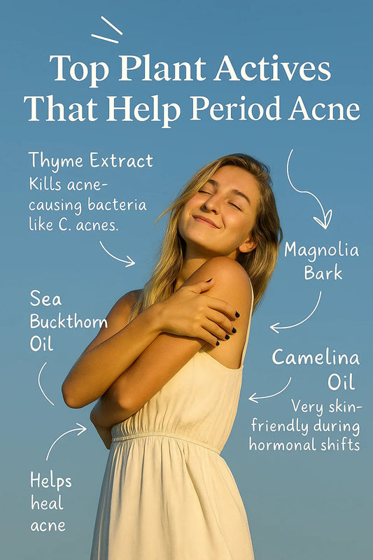 Plant-based actives for period acne: thyme, magnolia, sea buckthorn, and camellina oils help soothe skin