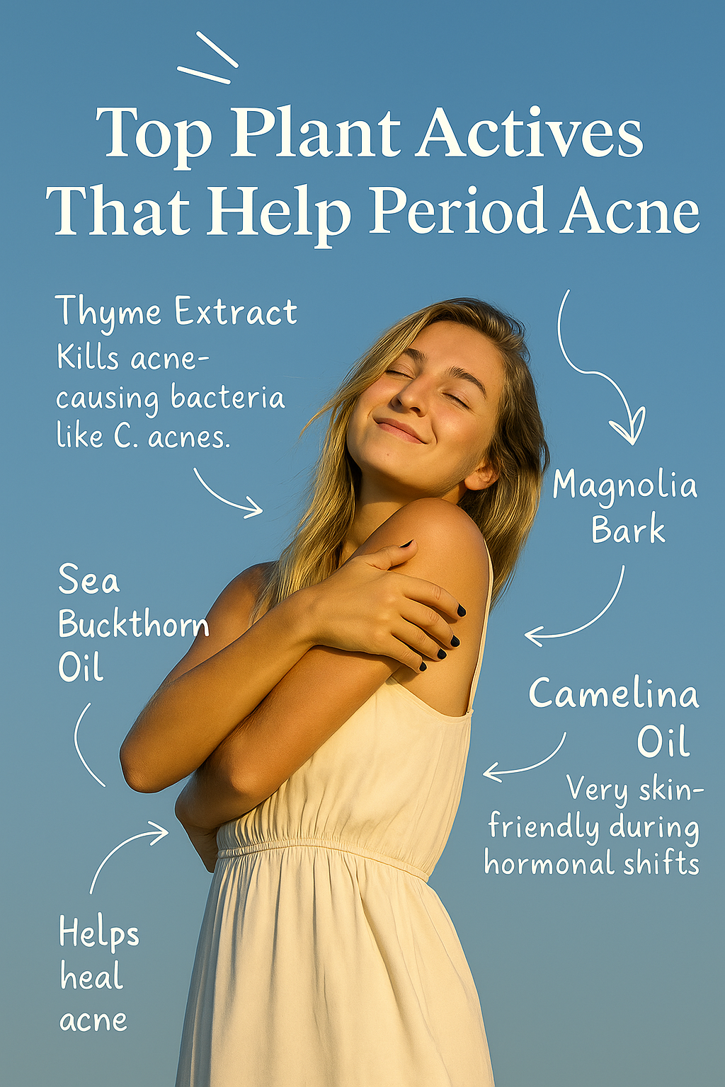 Smiling woman outdoors with glowing skin surrounded by callouts of natural plant ingredients like thyme extract, magnolia bark, sea buckthorn oil, and camelina oil — highlighting their benefits for treating period acne naturally.