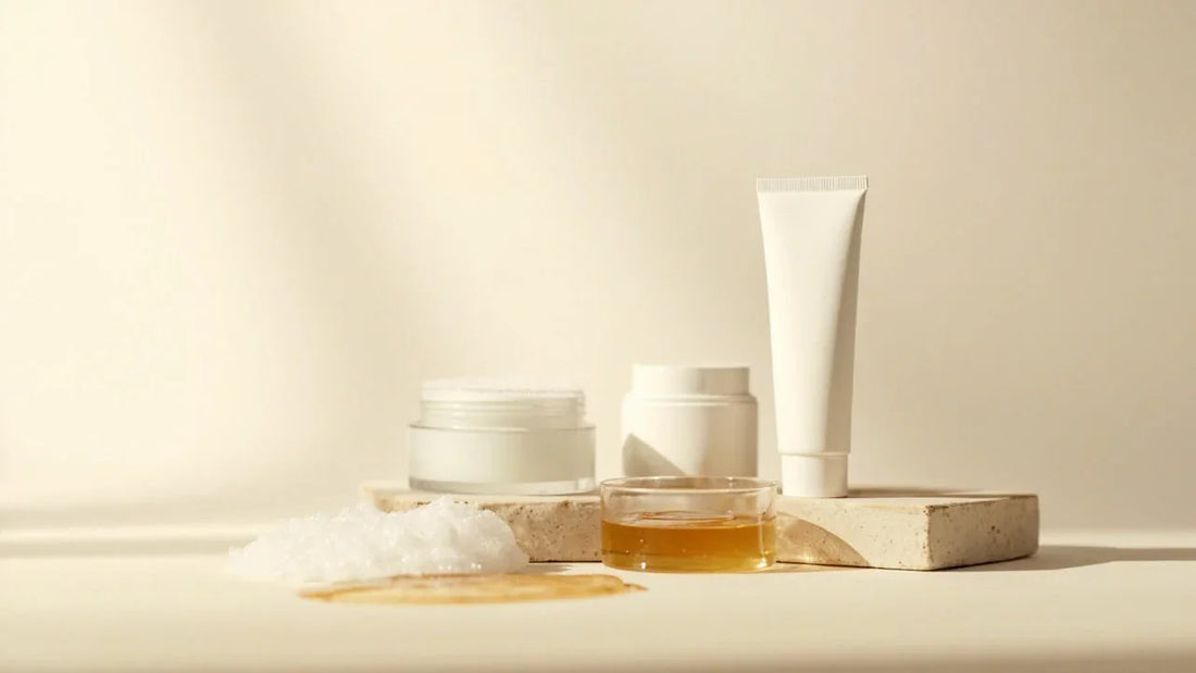 three minimalist skincare products on pale stone with soft bubbles and warm light