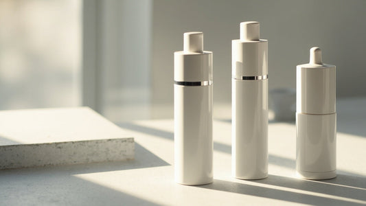 Minimalist white skincare bottles with silver accents, bathed in natural sunlight for clean, modern beauty routine
