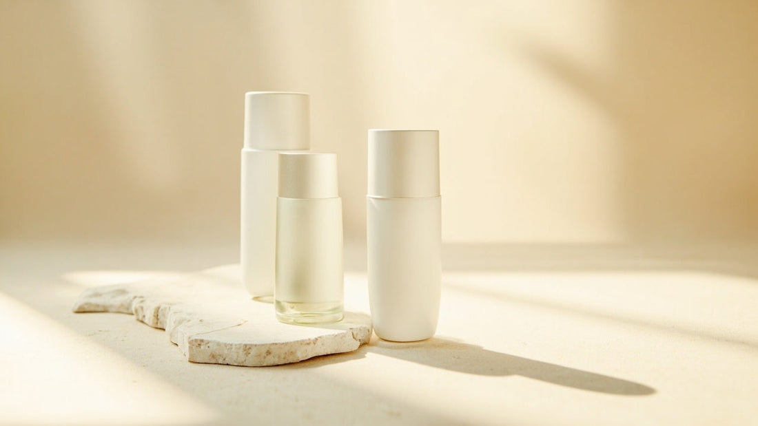Minimalist skincare bottles with retinol and plant-based actives on stone slab, soft natural light