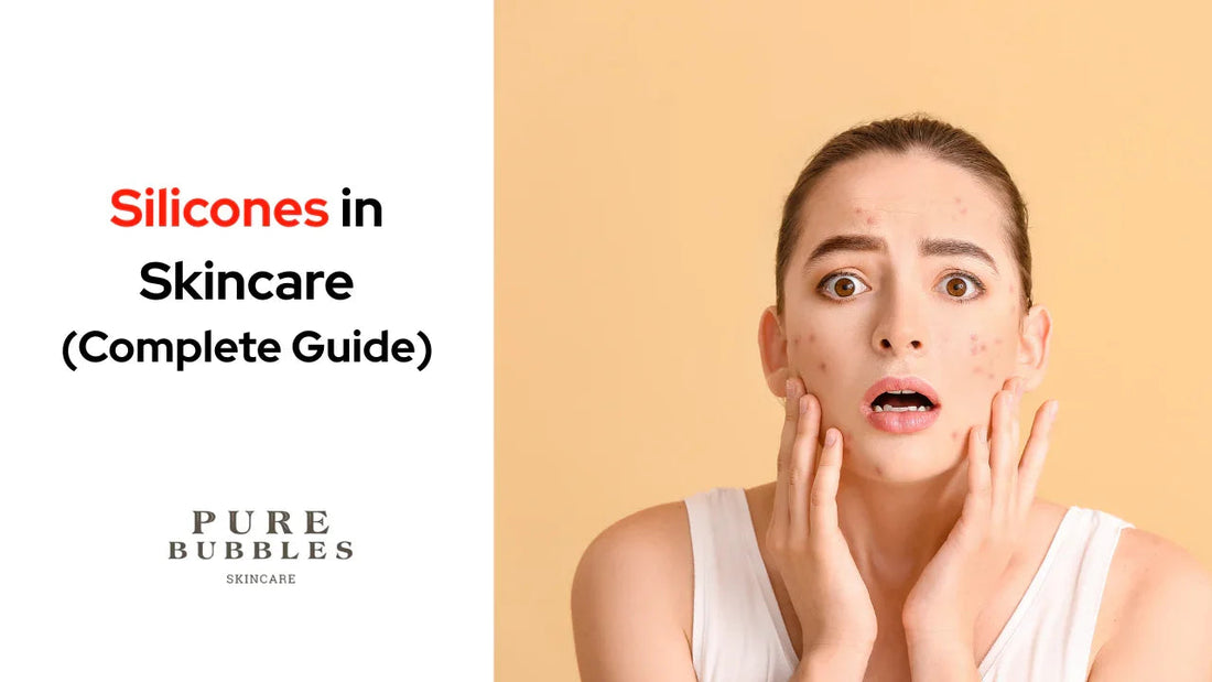 Woman with acne touching face, Silicones in Skincare guide, clean skincare solutions