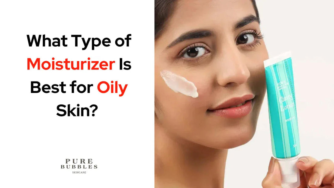 Woman applying lightweight moisturizer for oily skin, holding clear lotion tube with clean skincare formula