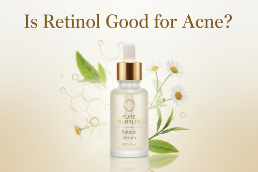 Is retinol good for acne? kya retinol acne ke like ache hai. red color retinol bottle by pure bubbles skincare