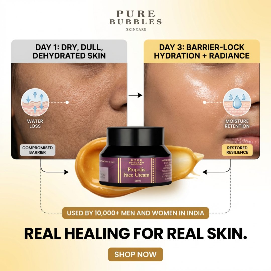 propolis face cream pure bubbles skincare promotional image showing before and after for dull dry dehydrated skin.