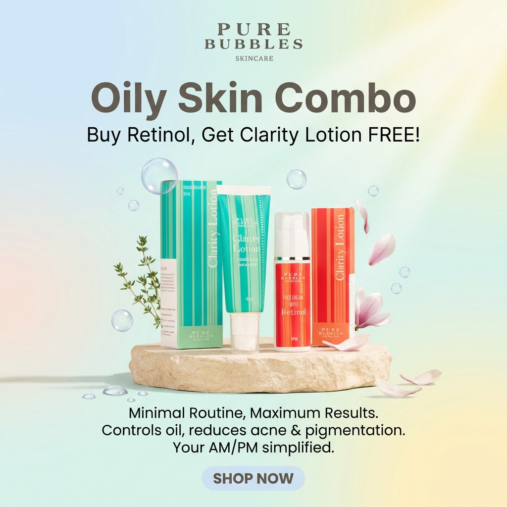 Promotional image of skincare products with 'Pure Bubbles' branding and text about an oily skin combo offer.