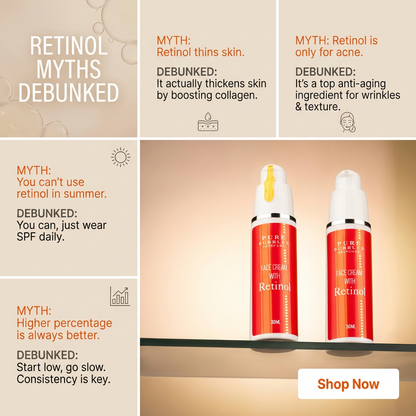 Retinol cream bottles with debunked myths on a beige background