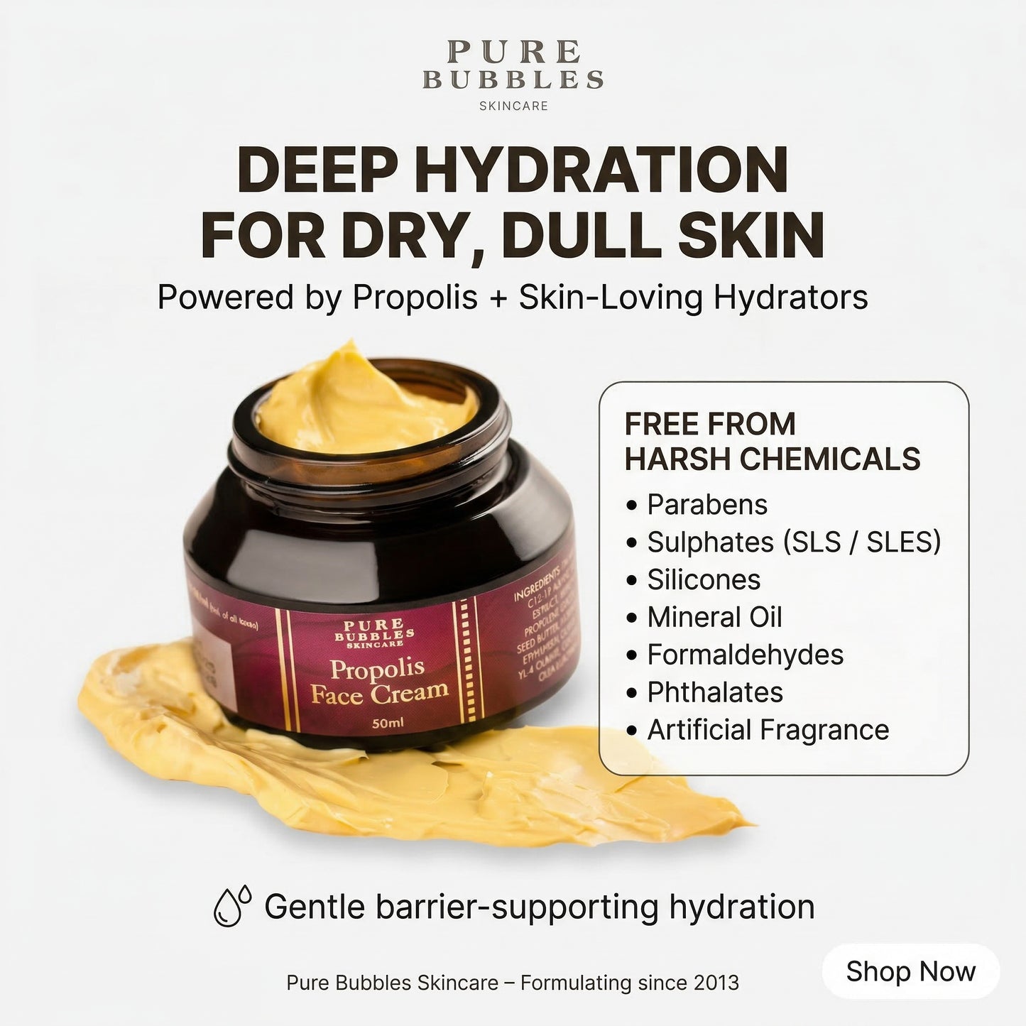 Pure Bubbles Skincare jar of Propolis Face Cream with product details on a white background