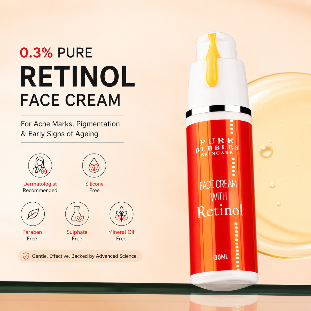 Red face cream bottle with white cap labeled 'Pure Bubbles Skincare' on a beige background.