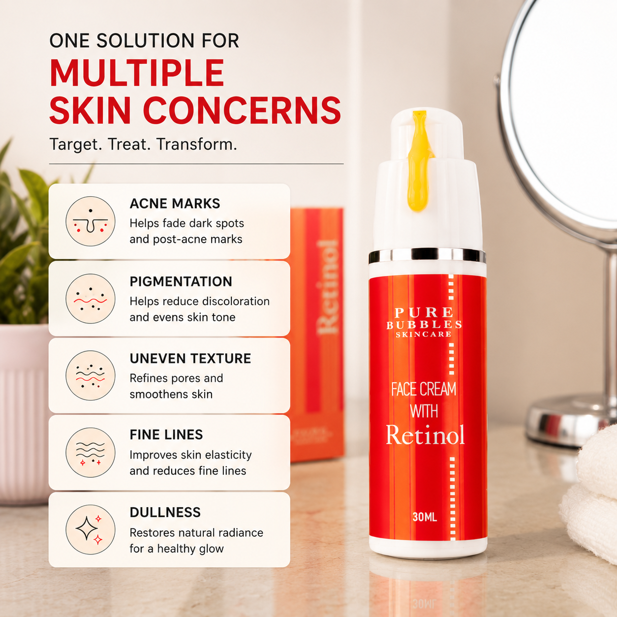 Red face cream bottle with retinol on a bathroom counter, accompanied by Pure Bubbles Skincare packaging.