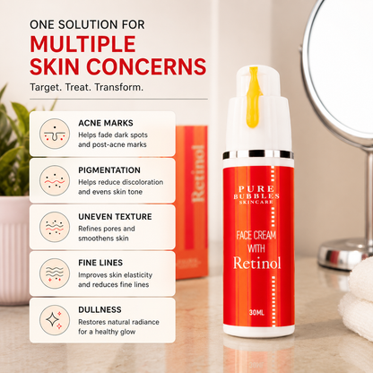 Red face cream bottle with retinol on a bathroom counter, accompanied by Pure Bubbles Skincare packaging.