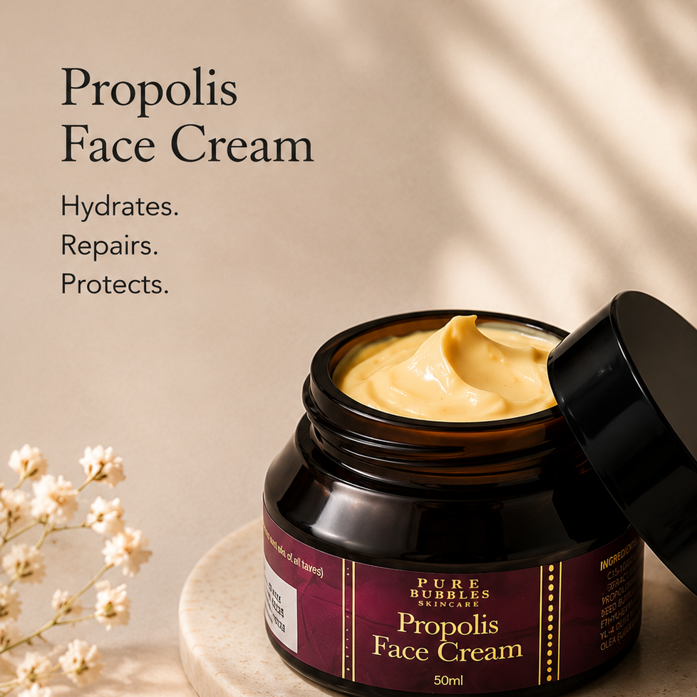 Pure Bubbles Propolis Face Cream jar on a beige background with flowers.