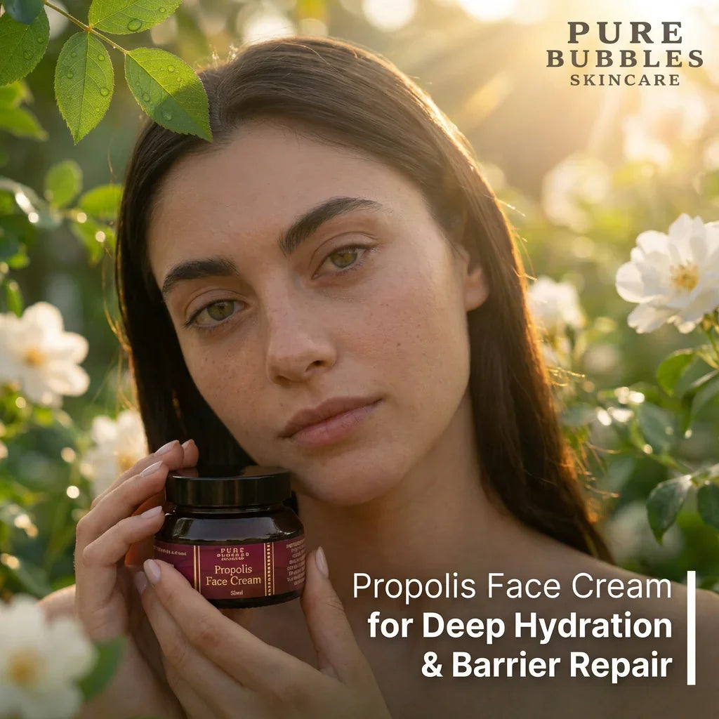 Woman holding a jar of propolis face cream with a natural background