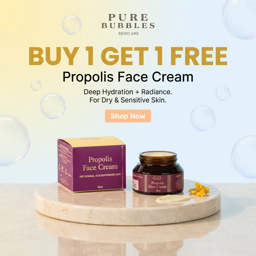 Promotional image of Pure Bubbles Propolis Face Cream with packaging on a marble surface.
